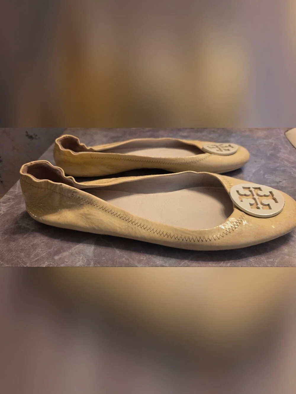Tory Burch Yellow Patent Logo Ballet Flats